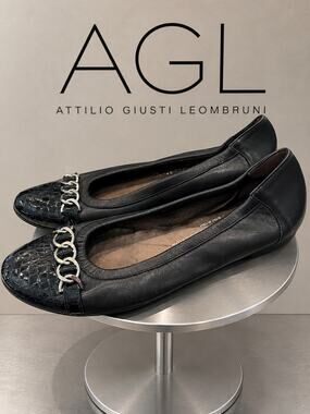 AGL Black Leather Croc Cap Toe Chain Ballet Flats EU 39 US 9